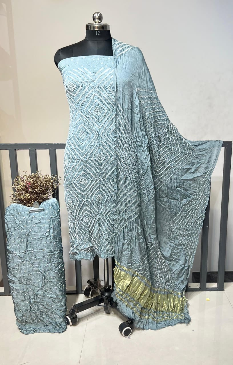 Modal Silk Original Kutch Hand Crafted Barik Bandhej Work Silk Bandhani Dress Material (Unstitched)