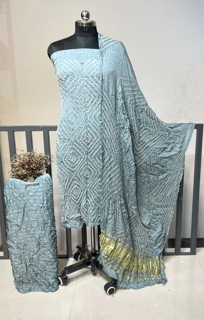 Modal Silk Original Kutch Hand Crafted Barik Bandhej Work Silk Bandhani Dress Material (Unstitched)