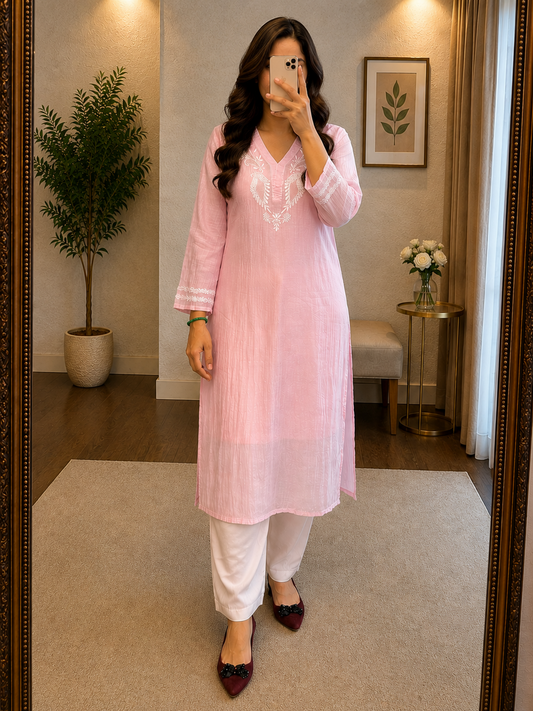 Mal Chanderi handmade chikankari kurti - front view