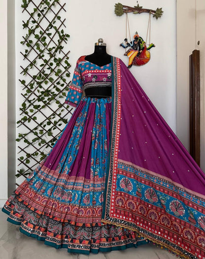 Muslin Digital Print Mirror Work Chaniya Choli - fabric close-up