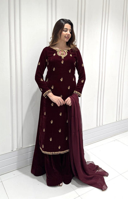 Ethenika Originals Sequence Embroidery Work Velvet Kurti Palazzo Dupatta Set (Ready To Wear)