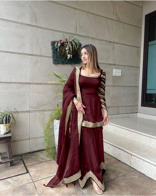 Faux Georgette Sequence Embroidery Work Kurti Sharara Dupatta Set (Ready to Wear)
