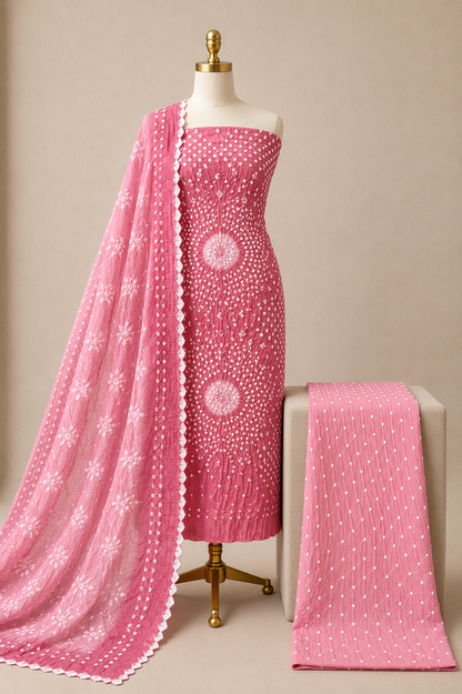 Cotton Satin Authentic Hand Made Tie and Dye 3Pc Unstitched Bandhani Dress Material