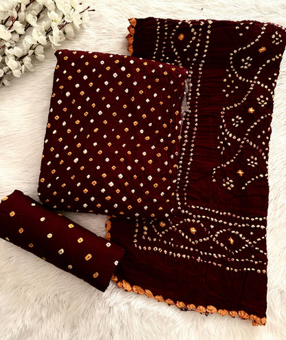 Cotton Satin Ethenika Original Hand Crafted Bandhani Dress Material (Unstitched)