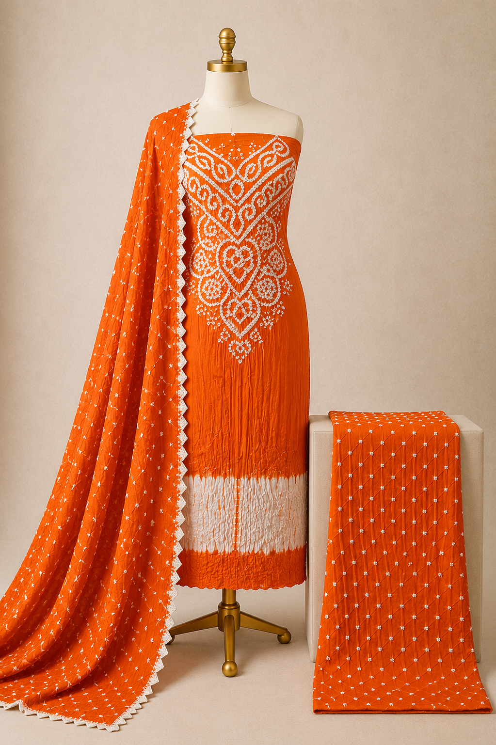 Cotton Self Color Kusum Work 3Pc Unstitched Bandhani Dress Material