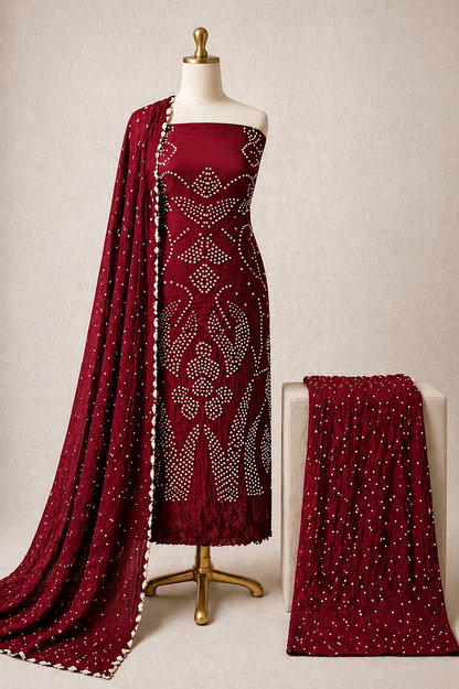 Ethenika Maroon Color Kutch Bandhani Unstitched Dress Material
