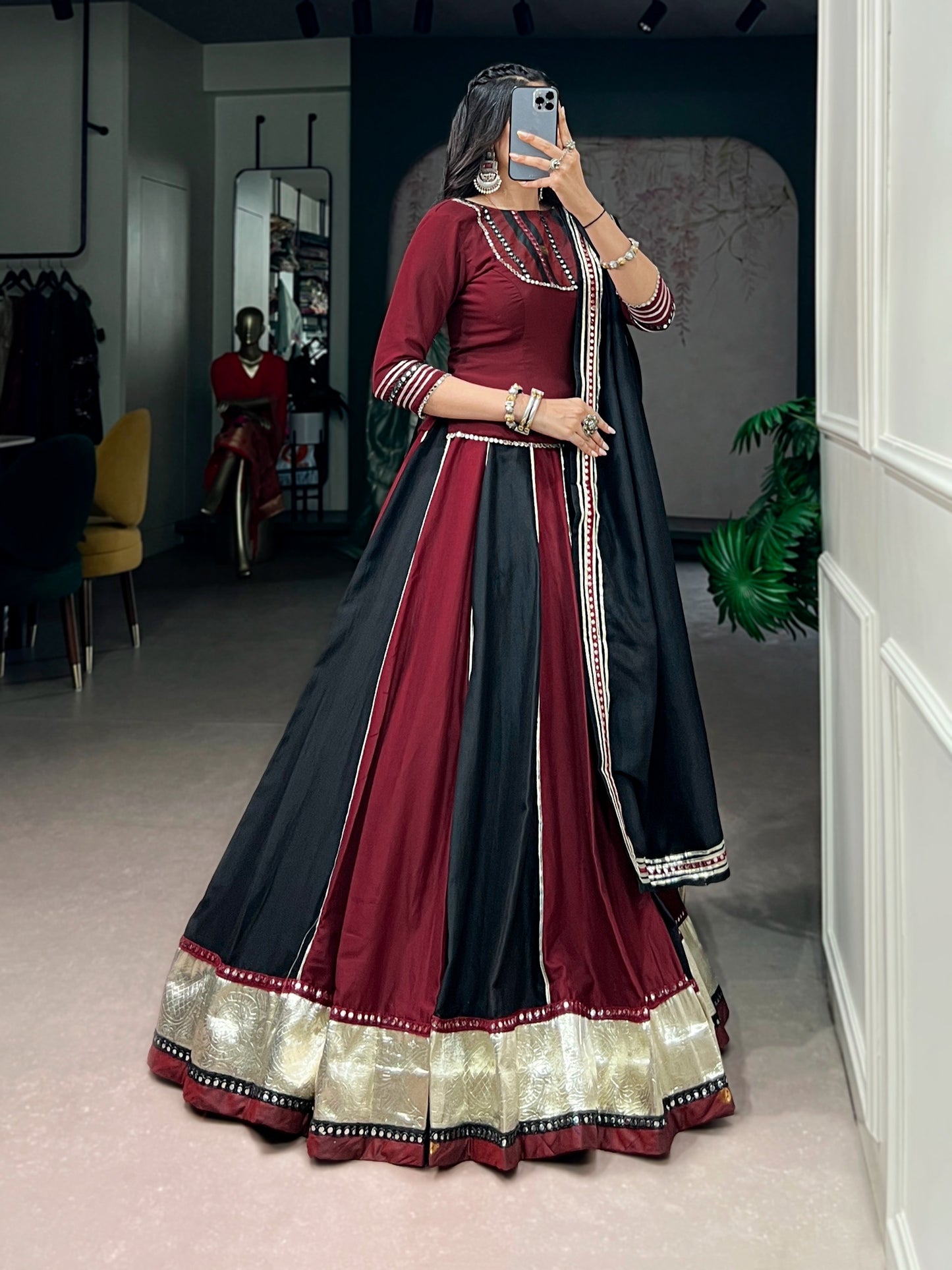 Golden patta work designer Chaniya Choli blouse and matching dupatta for Dandiya nights