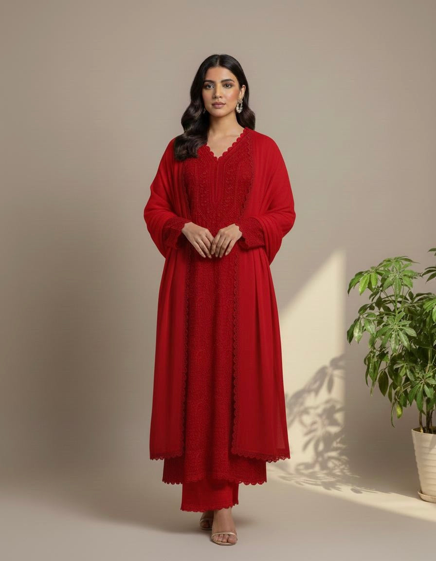 Chikankari work Faux Georgette Kurti Palazzo Set