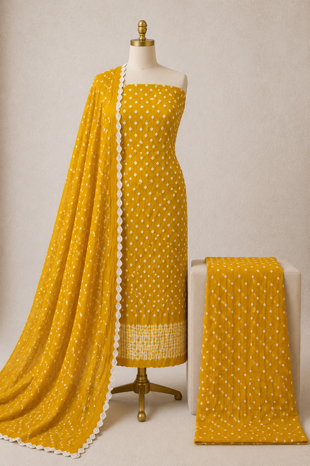 Yellow Bandhani Dress Material