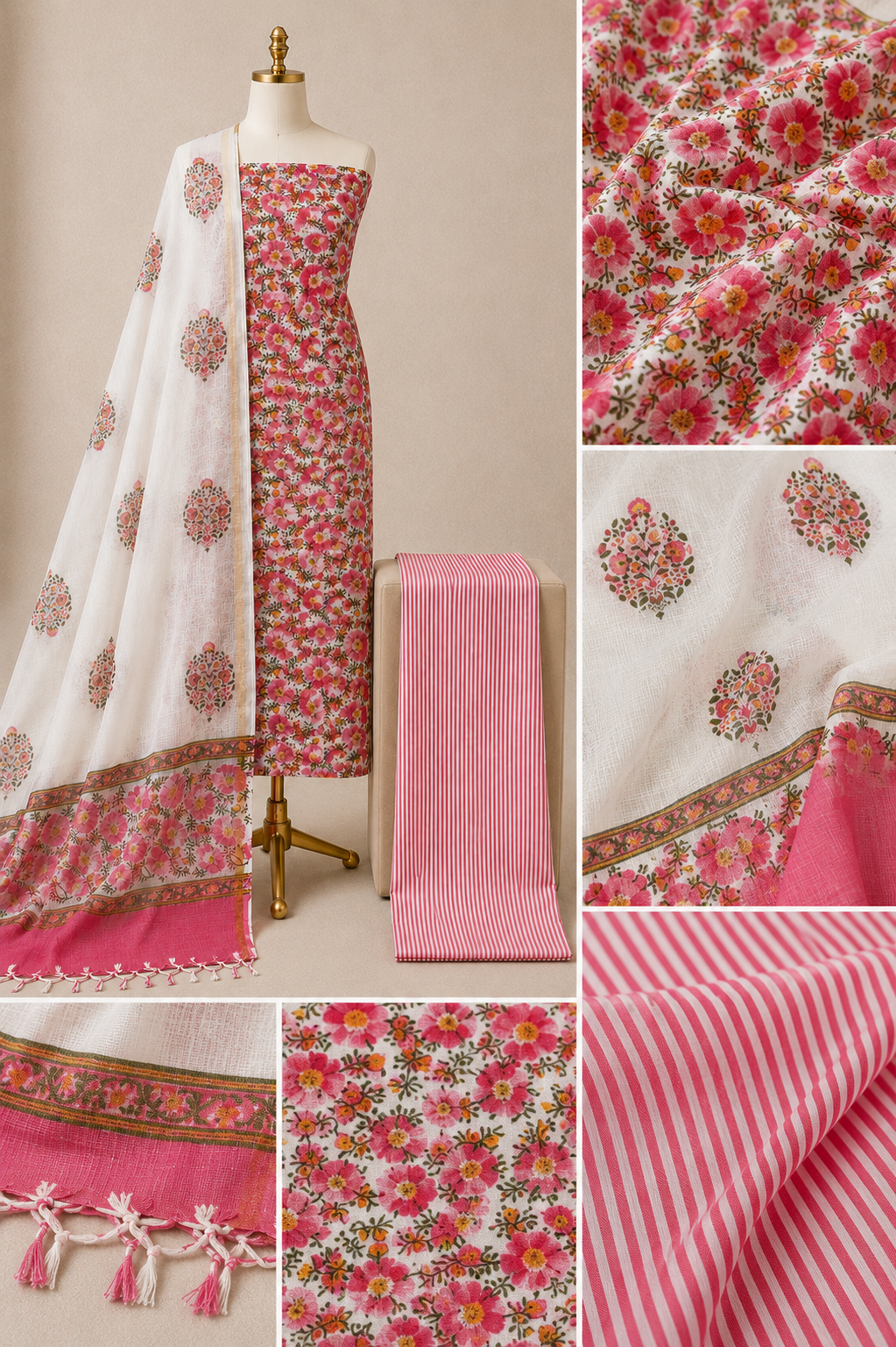 Kota Doria hand block print unstitched suit fabric detail — cotton-silk dress material
