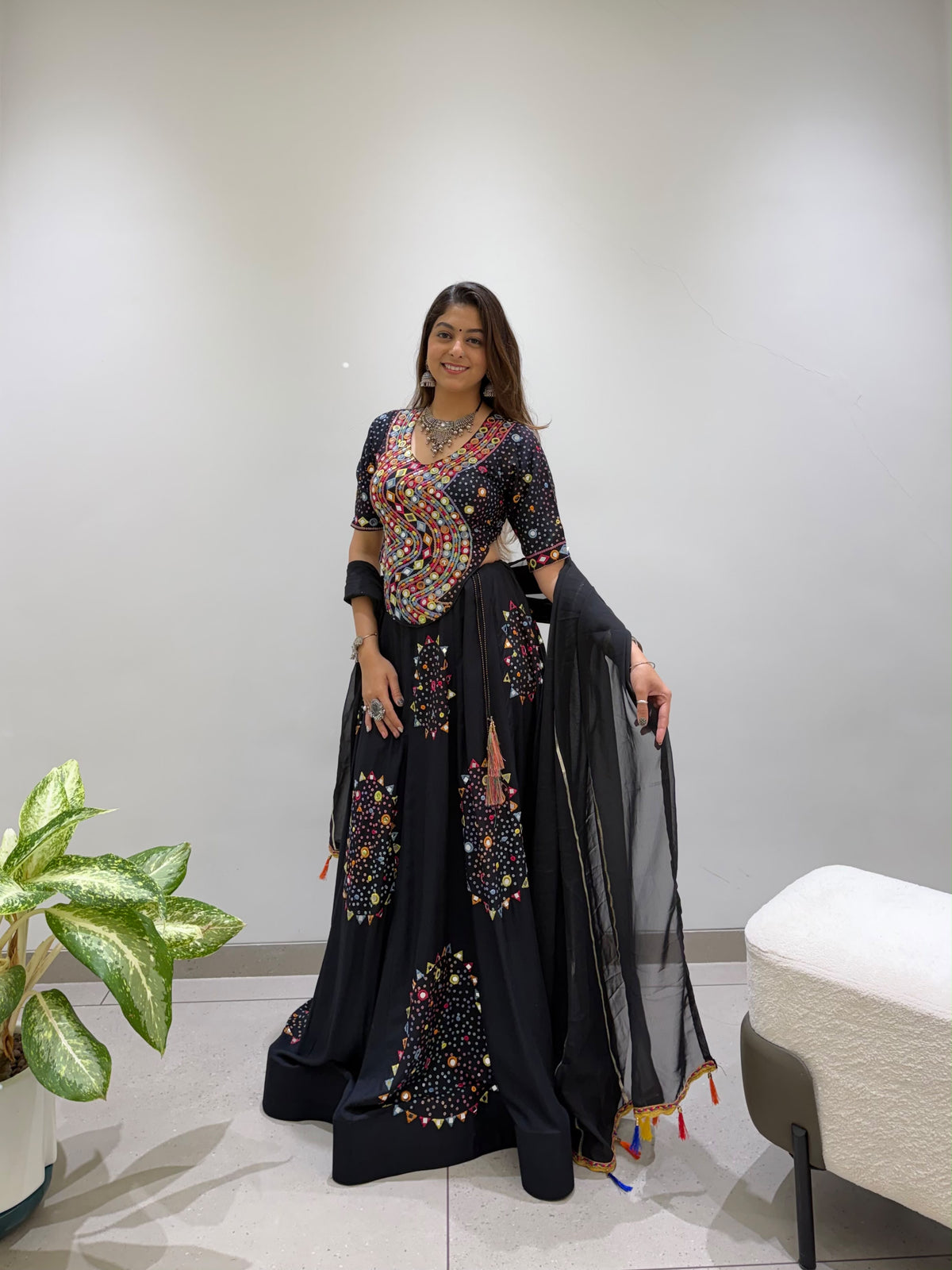 Black Rayon Mirror Work Chaniya Choli - back view