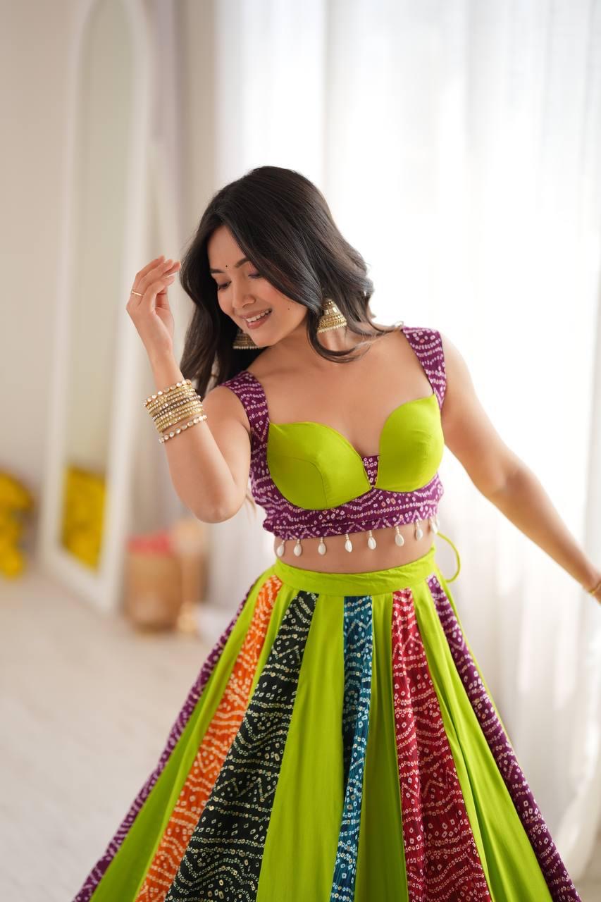 Multicolor Bandhani Rayon Digital Print Chaniya Choli | Ready to Wear | Free Size M-XXXL