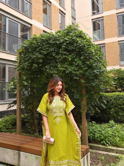 Faux Georgette Zari Embroidery Work Designer Kurti Pant Dupatta Set (Ready to Wear)