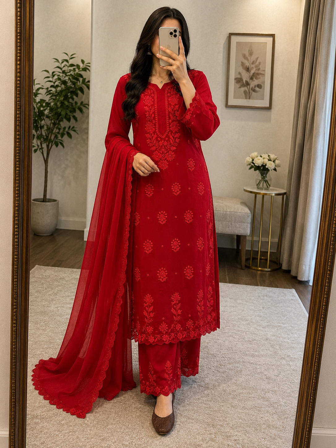 Faux Georgette Chikankari Thread Embroidery Kurti Pant Dupatta Set