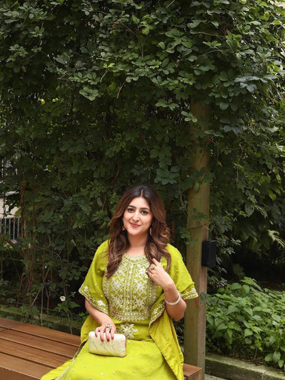 Faux Georgette Zari Embroidery Work Designer Kurti Pant Dupatta Set (Ready to Wear)