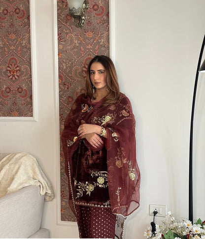 Sequence Embroidery Work Winter Special Velvet Kurti Pant Dupatta Set (Ready to Wear)