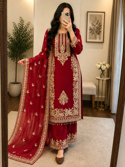 Faux Georgette Sequence Embroidery 3Pc Designer Kurti Pant Dupatta Set (Ready to Wear)