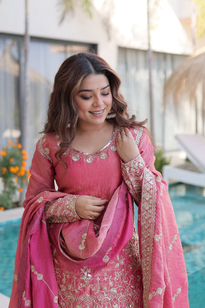 Fendi Silk Crush Sequence Embroidery Work Designer Kurti Sharara Dupatta Set