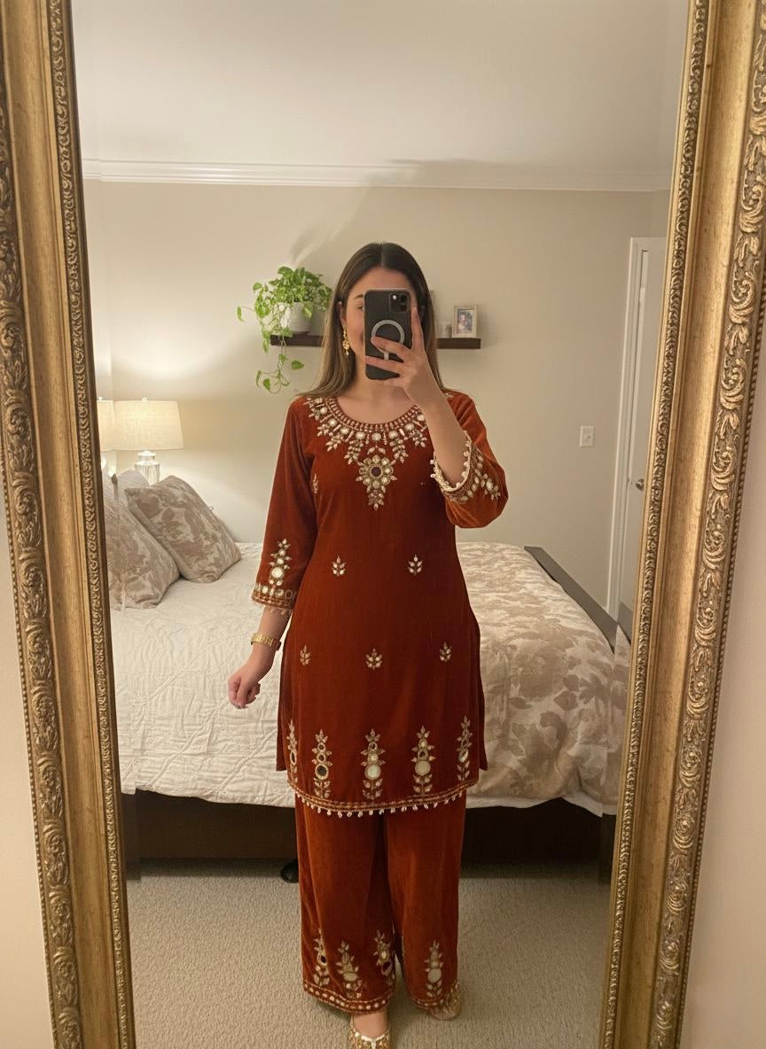 Ethenika Real Mirror Work Velvet Cord Set