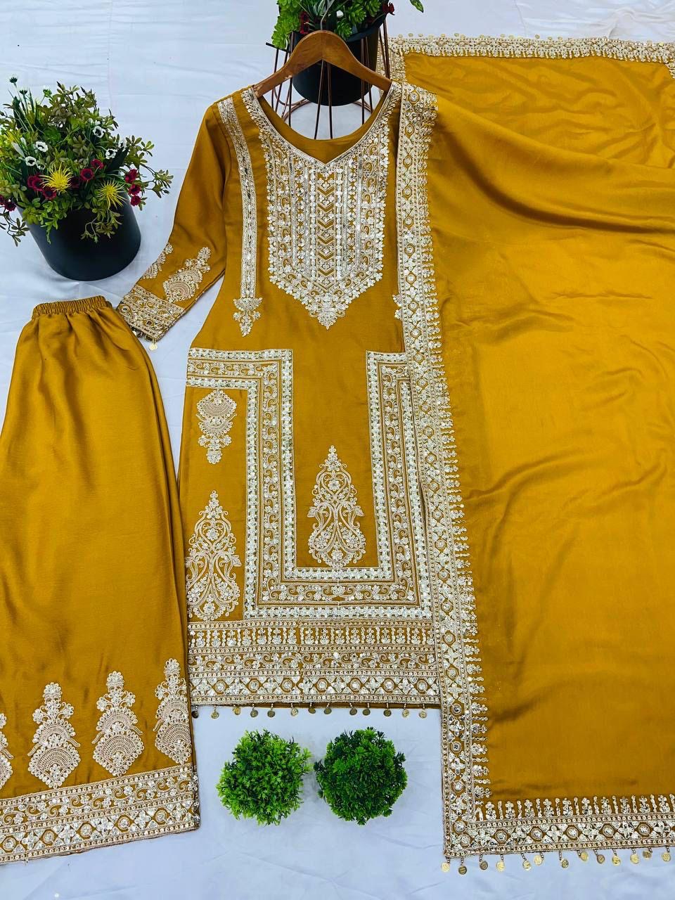 Chinon Silk Coding Dori Sequence Embroidery Work Karwa Chauth Special Designer Kurti Pant Dupatta Set (Ready to Wear)