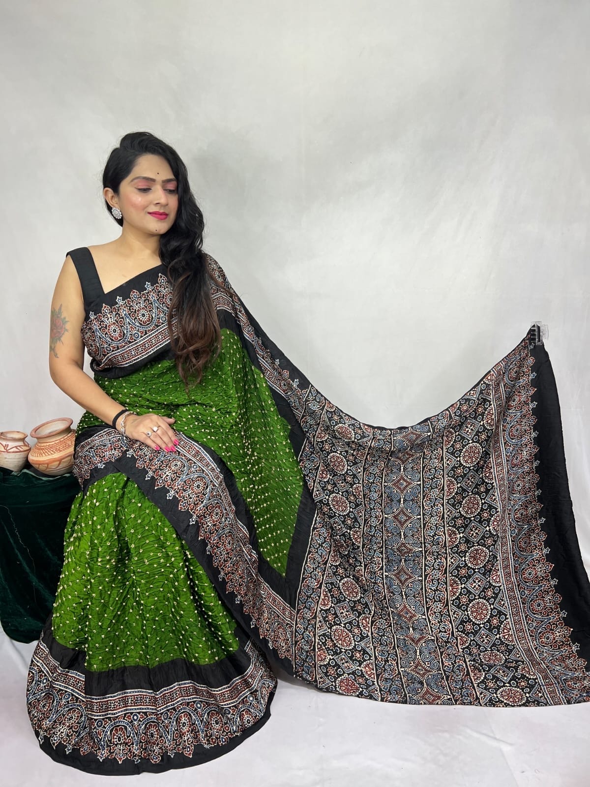 Pure Modal Silk Ajrakh Block Print with Bandhani Work Saree