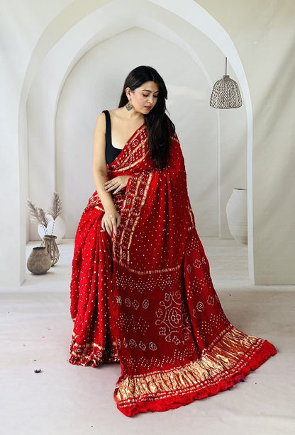 Modal Silk Authentic Kutchi Hand Bandhej Work Chex Border Silk Bandhani Saree