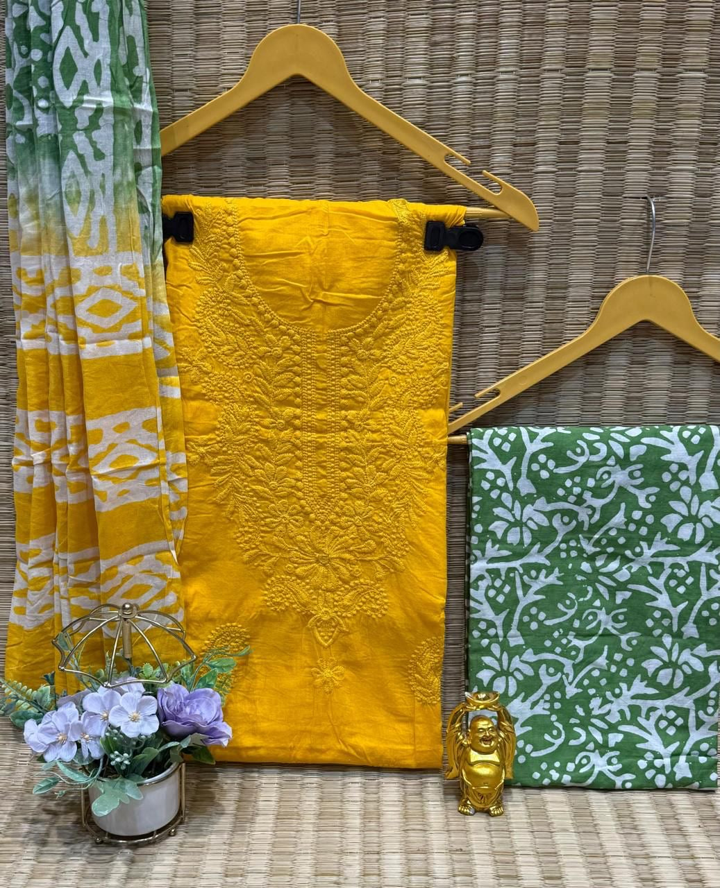 Cotton Lakhnavi Thread Work Batik Dress Material