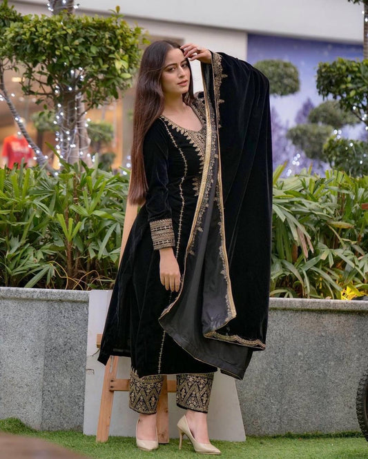 Ethenika Thread Embroidery work Party Wear Velvet Kurti Pant Dupatta Set (Ready to wear) - Premium  from Ethenika.com  - Just INR 3290! Shop now at Ethenika.com 