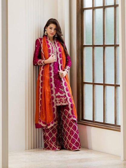 Designer Kurti Palazzo Set | Chinon Silk Zari Embroidery | Ready to Wear