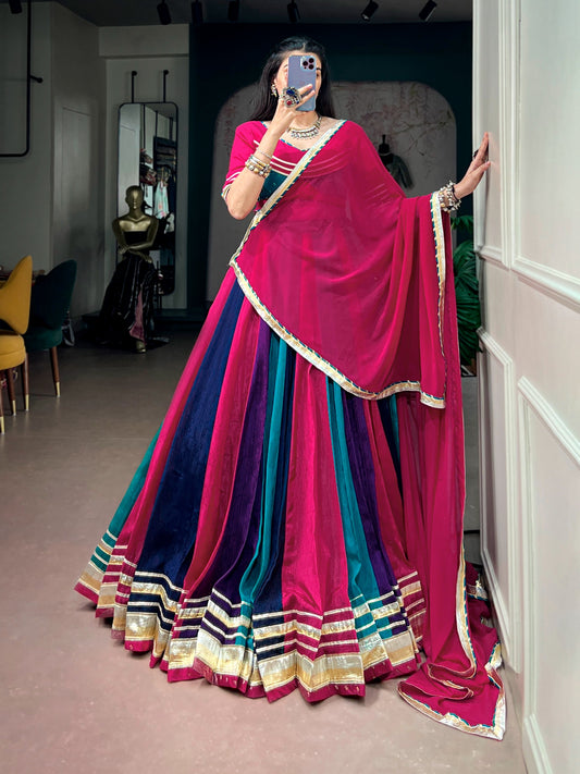 Chinon Embossed Lace Designer Chaniya Choli Set with Gotta Patti Blouse and Dupatta - Front View