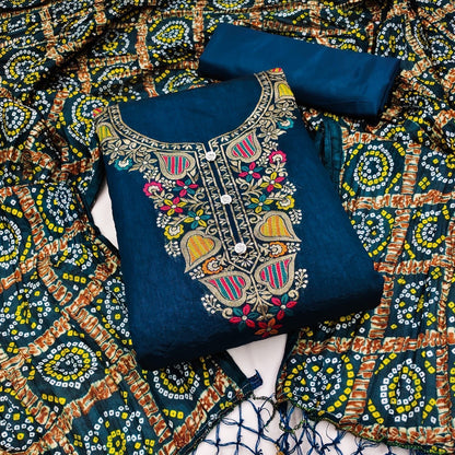 Banarsi Jeckard Neck Embroidery work with Bandhani Print Dupatta Dress Material (Unstitched) - Premium  from Ethenika.com  - Just INR 1390! Shop now at Ethenika.com 