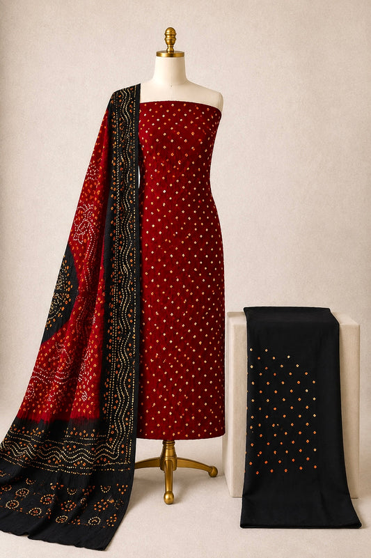Ethenika Red Color Cotton Bandhani Dress Material