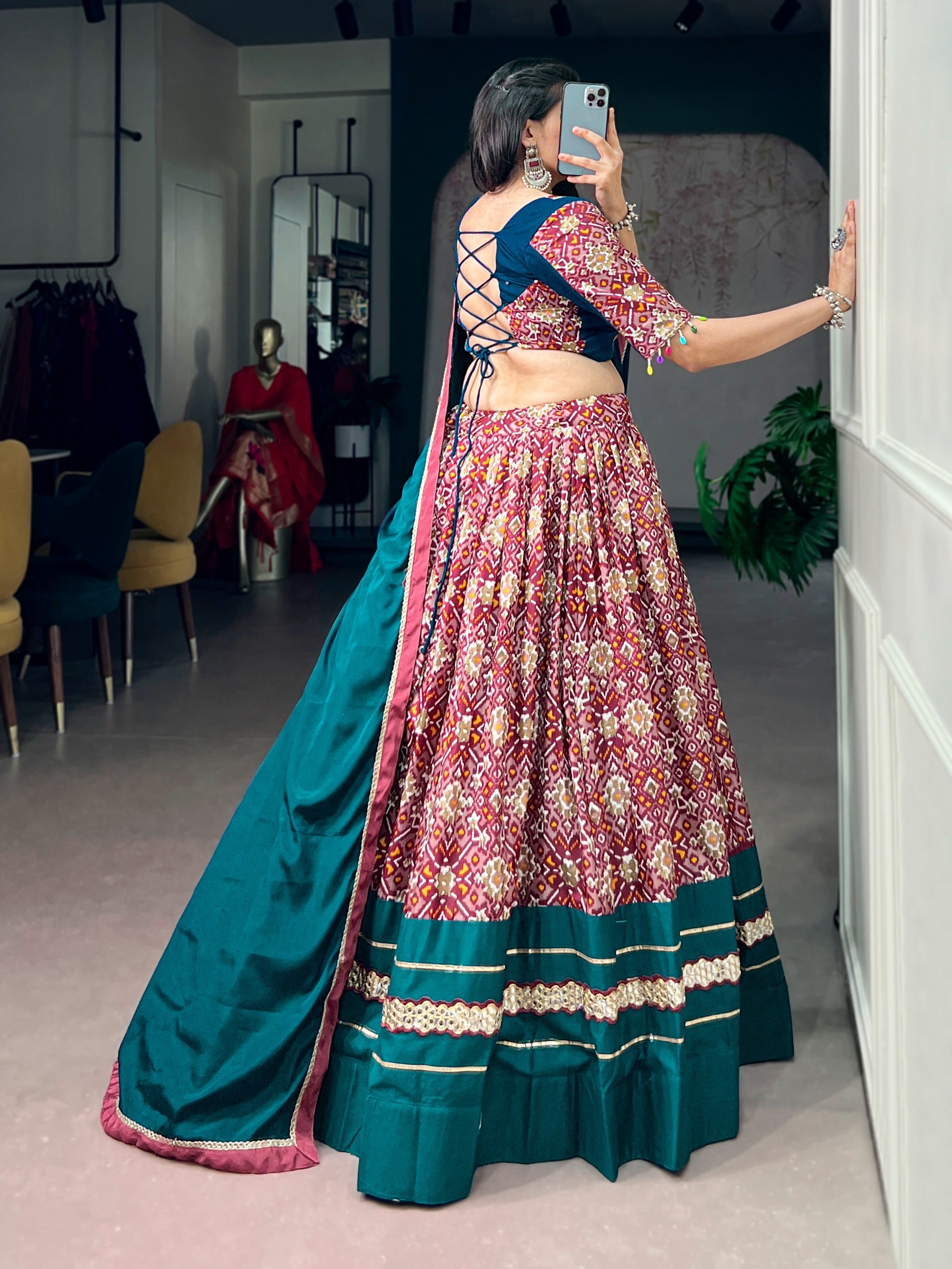 Ready-to-wear Navratri Chaniya Choli in Tussar Silk with 3.8 metre flair lehenga - detail view