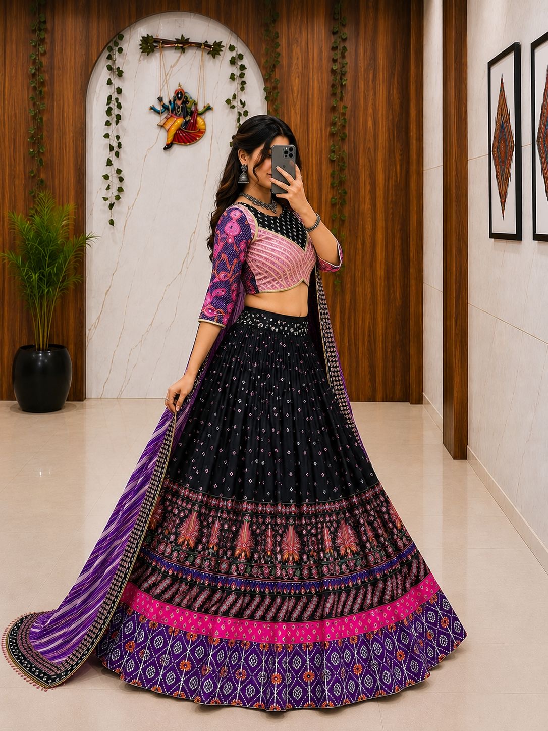 Trending Designer Malai Silk Chaniya Choli with mirror work for Navratri