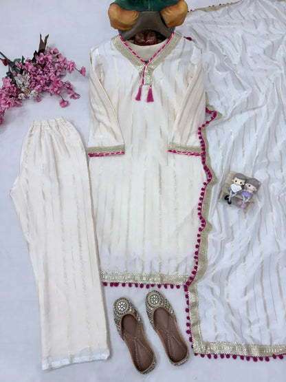 Chanderi Silk Fancy Lace Work with latkan Kurti Palazzo Dupatta Set Ethenika.com