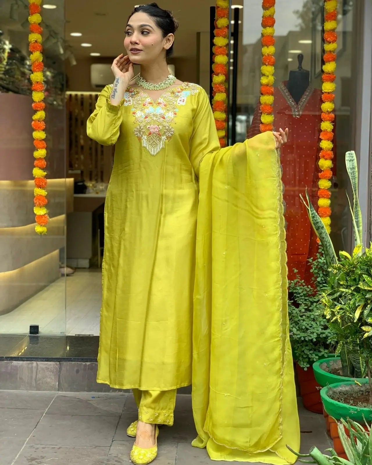 Chanderi Silk Neck stone embroidery work Kurti Pant Dupatta Set (Stitched) - Premium  from Ethenika.com  - Just INR 2490! Shop now at Ethenika.com 