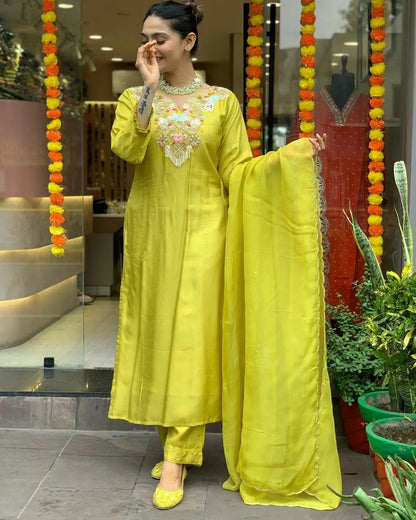 Chanderi Silk Neck stone embroidery work Kurti Pant Dupatta Set (Stitched) - Premium  from Ethenika.com  - Just INR 2490! Shop now at Ethenika.com 