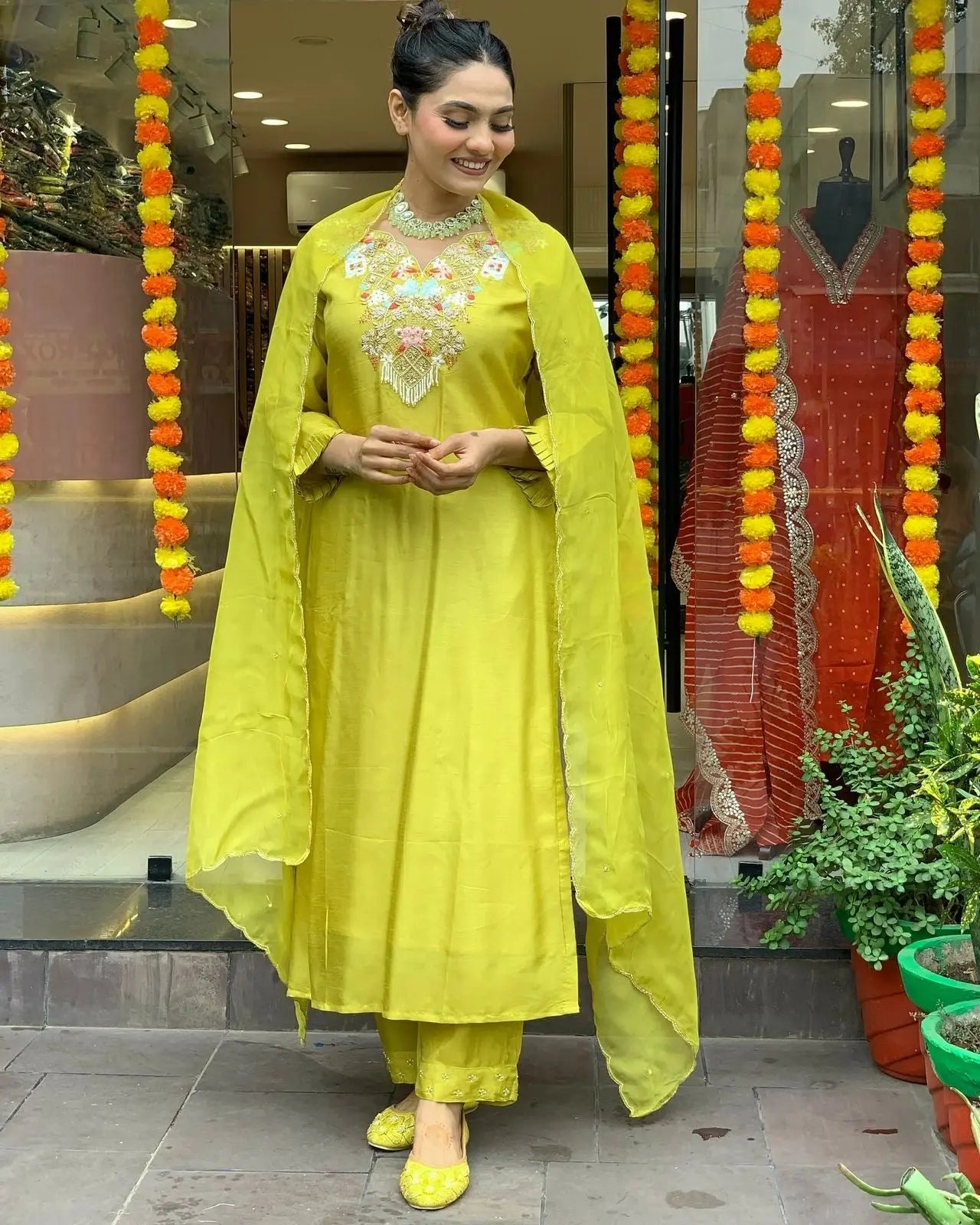 Chanderi Silk Neck stone embroidery work Kurti Pant Dupatta Set (Stitched) - Premium  from Ethenika.com  - Just INR 2490! Shop now at Ethenika.com 