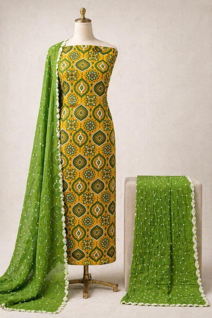 Soft Cotton Block Print Ajrakh Work Bandhani Dress Material