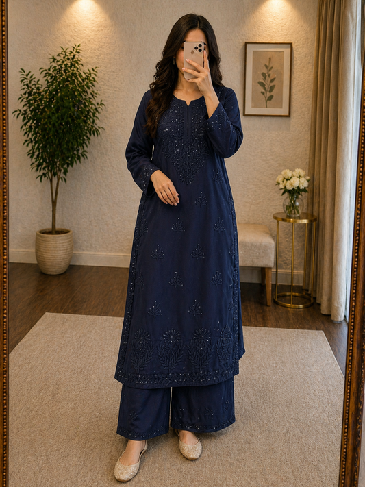 Rayon Summer Special Chikankari Kurta Pant Set