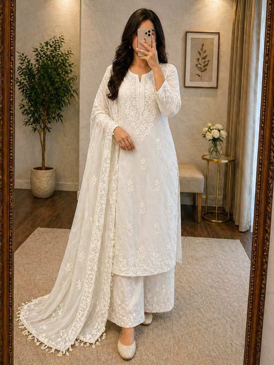 Ethenika Ready Wear Chikankari Kurta Palazzo Dupatta Set