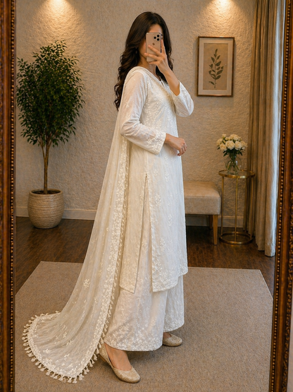 Ethenika Ready Wear Chikankari Kurta Palazzo Dupatta Set