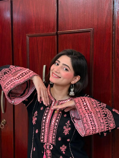 Chikankari Style Embroidery with Mirror Work Kurti Palazo Dupatta Set Ethenika.com