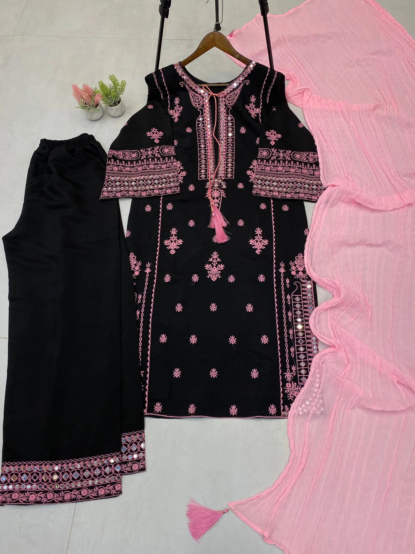 Chikankari Style Embroidery with Mirror Work Kurti Palazo Dupatta Set Ethenika.com