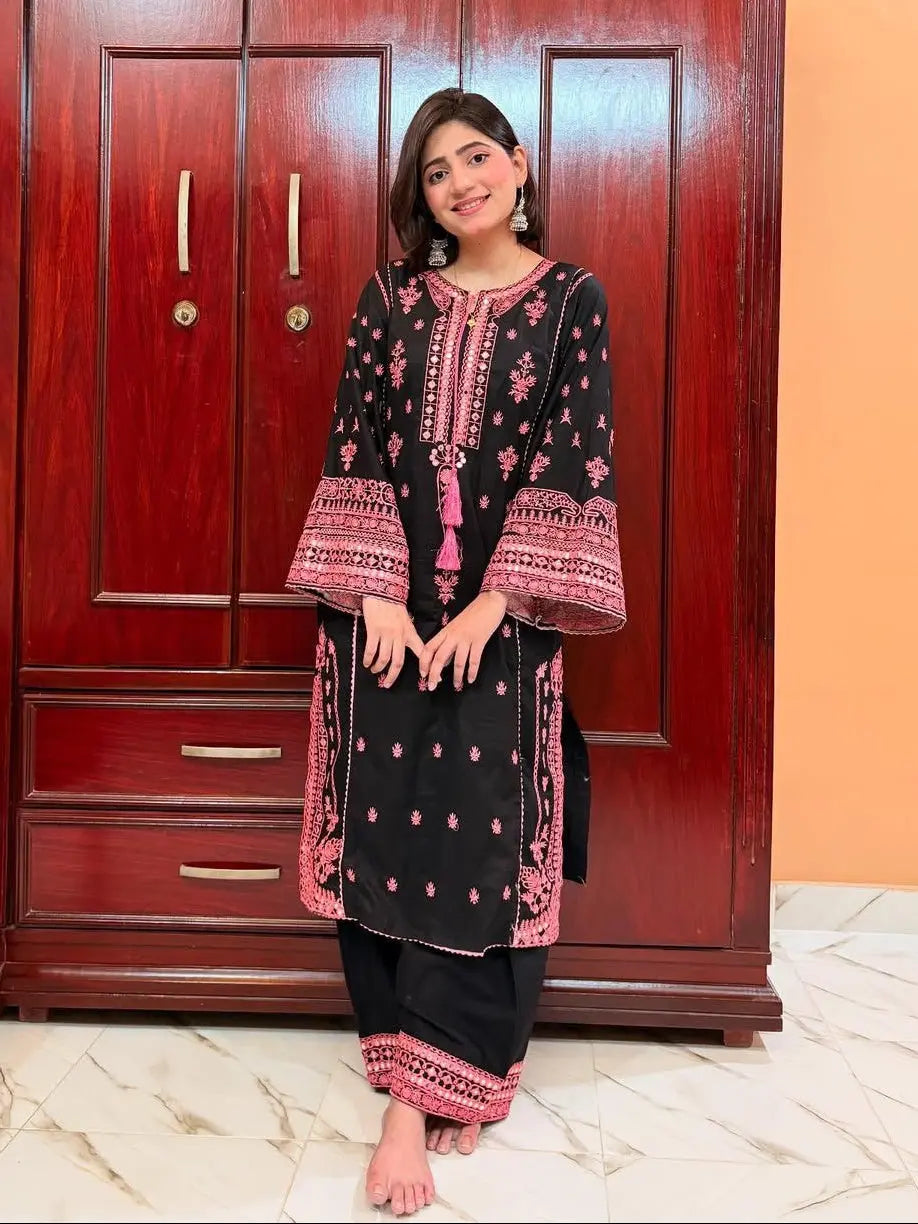 Chikankari Style Embroidery with Mirror Work Kurti Palazo Dupatta Set Ethenika.com