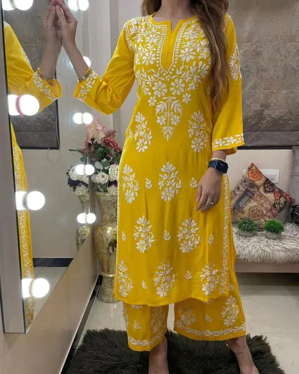 Chikankari work Kurti Palazzo Set (Ready to Wear) Ethenika.com