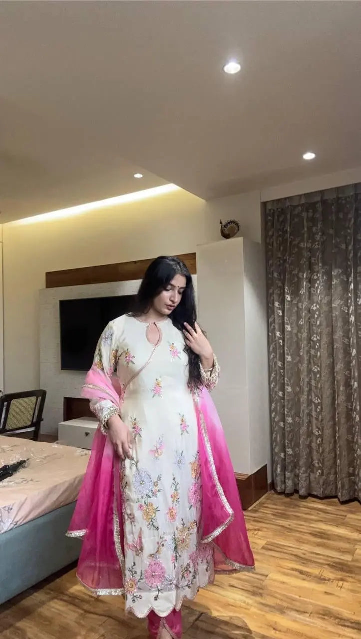 Chinon Sequence Embroidery Work Designer Kurti Pant Dupatta Set (Ready to Wear) Ethenika.com