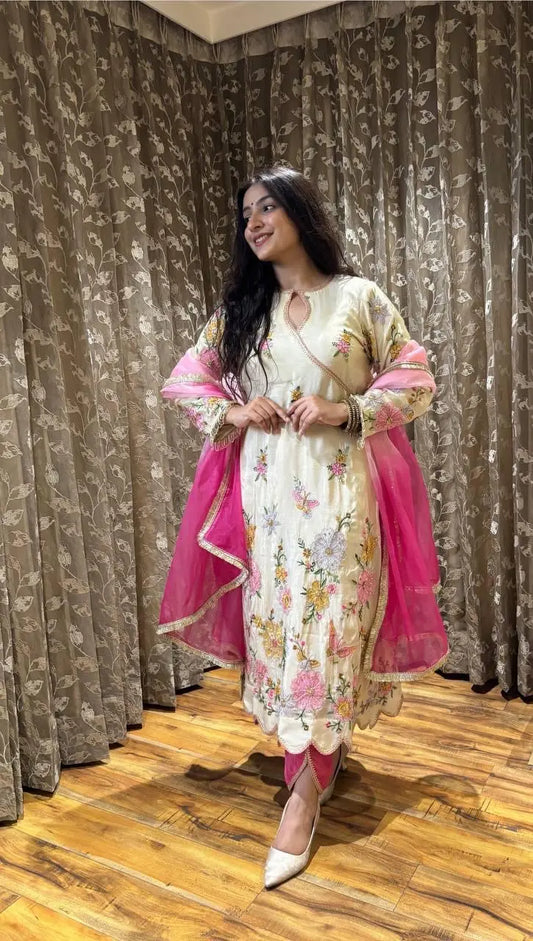 Chinon Sequence Embroidery Work Designer Kurti Pant Dupatta Set (Ready to Wear) Ethenika.com