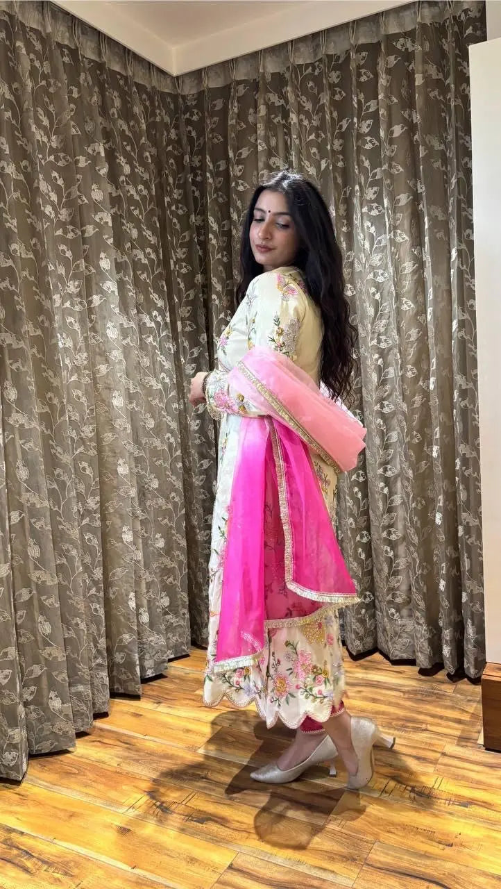 Chinon Sequence Embroidery Work Designer Kurti Pant Dupatta Set (Ready to Wear) Ethenika.com