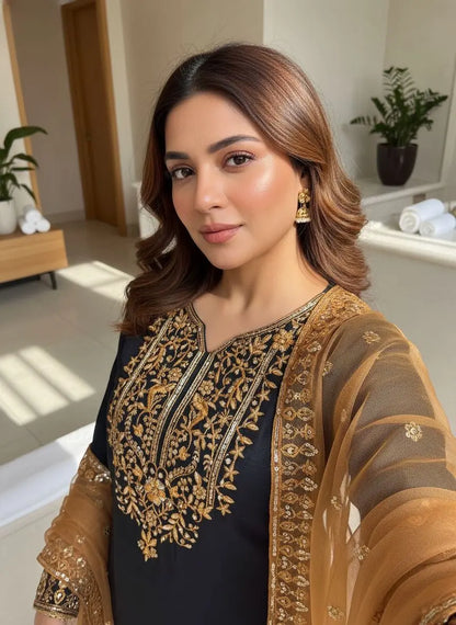 Chinon Silk Designer Kurti Palazzo Dupatta Set for Eid Ethenika.com